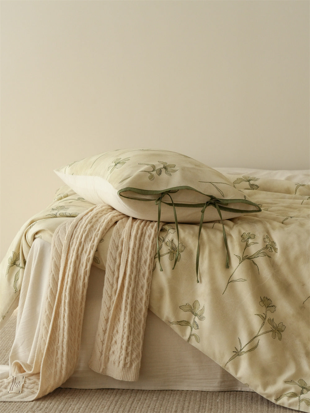 Stillgarden Soft Green Vine Cotton Linen Bedding Set – Draped botanical duvet and tied pillow at the bedside - Roomden