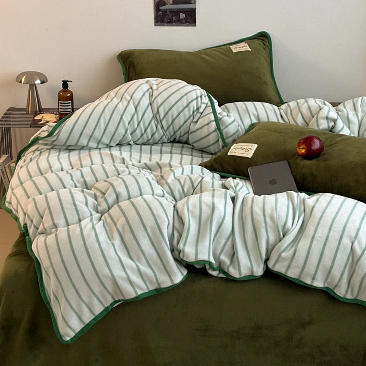 Styled bed with the Olive Green Striped Flannel Fleece Bedding Set, showing the plush comforter. - RoomDen
