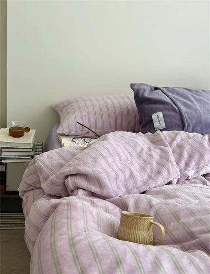 RoomDen Plush Pinstripe Flannel Fleece Bedding Set - Purple Striped Variant - Soft Girl Aesthetic