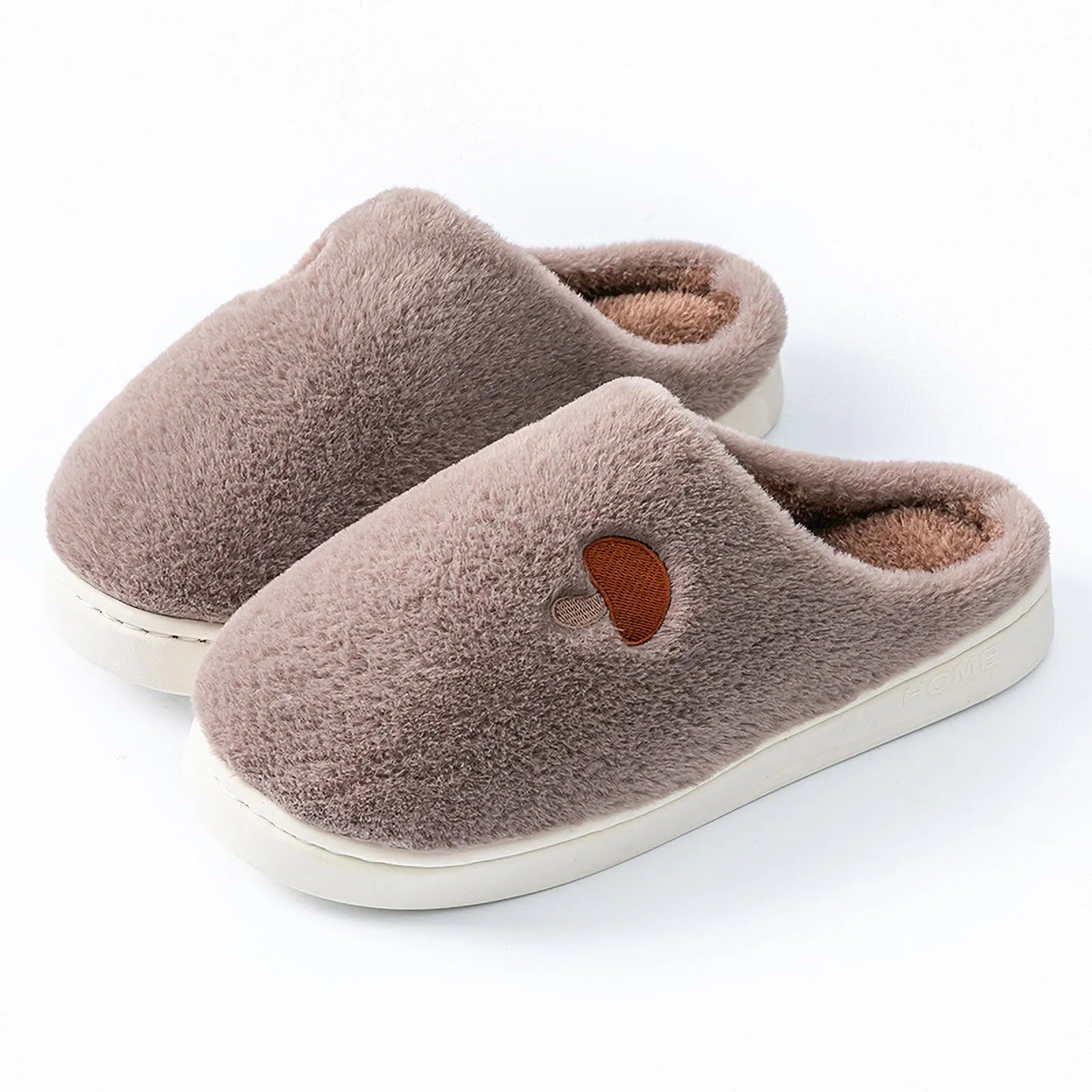 Brown Plush Mushroom Embroidered Fleece House Slippers studio shot on white background - RoomDen