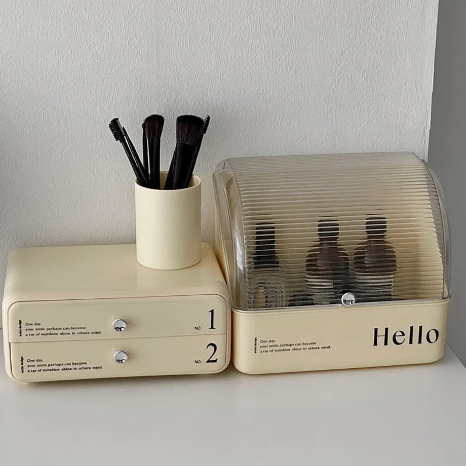 Another side-by-side arrangement of the cream beige cosmetic storage box and drawers.