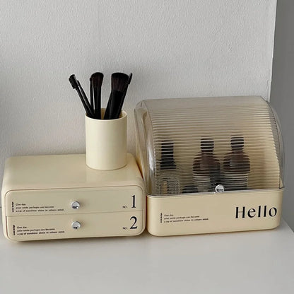 Another side-by-side arrangement of the cream beige cosmetic storage box and drawers.