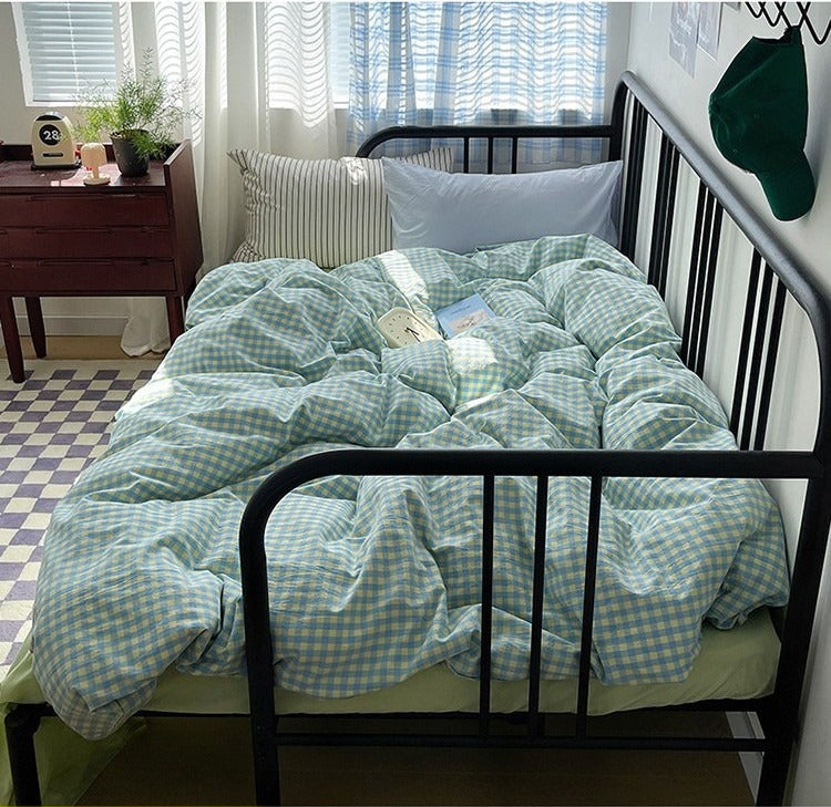 Astrid Gingham Washed Cotton Bedding Set - Lemon Blue
