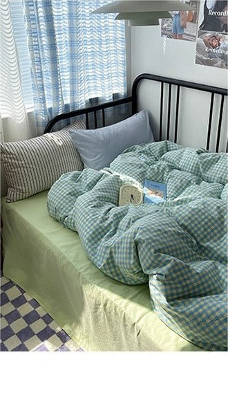 Astrid Gingham Washed Cotton Bedding Set - Lemon Blue