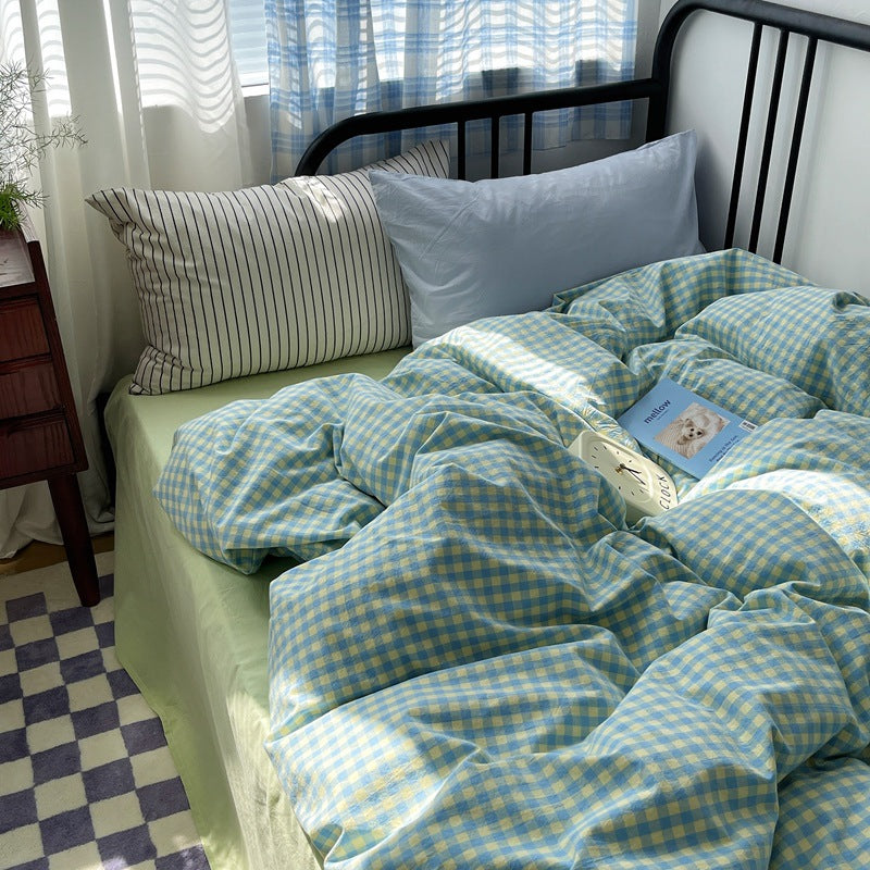 Astrid Gingham Washed Cotton Bedding Set - Lemon Blue