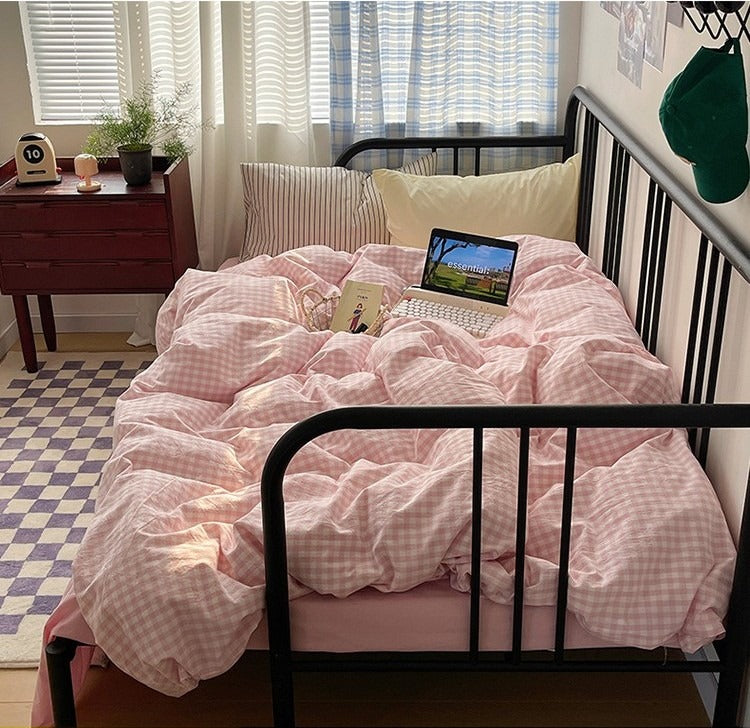 Astrid Gingham Washed Cotton Bedding Set - Cherry Blush