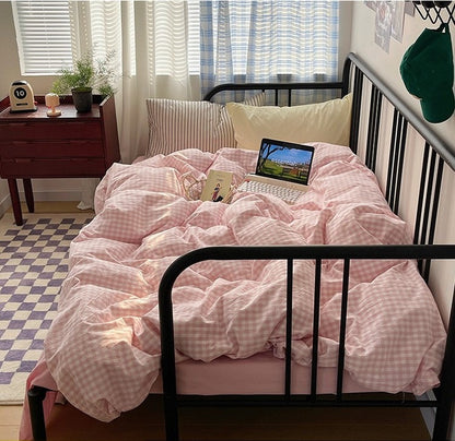 Astrid Gingham Washed Cotton Bedding Set - Cherry Blush