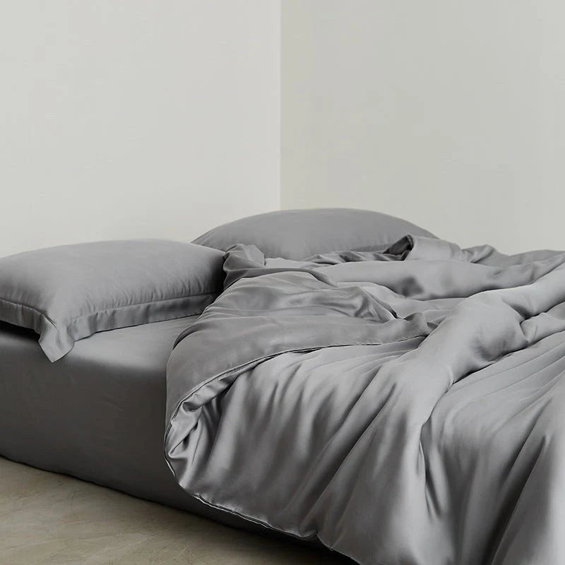 Washed lyocell bedding set – Dusk Grey, folded fabric display - Roomden