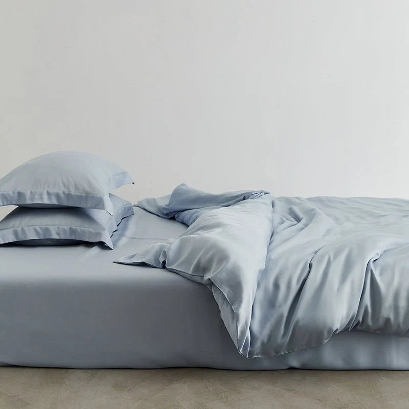 Washed lyocell bedding set – Mist Blue, folded fabric display - Roomden
