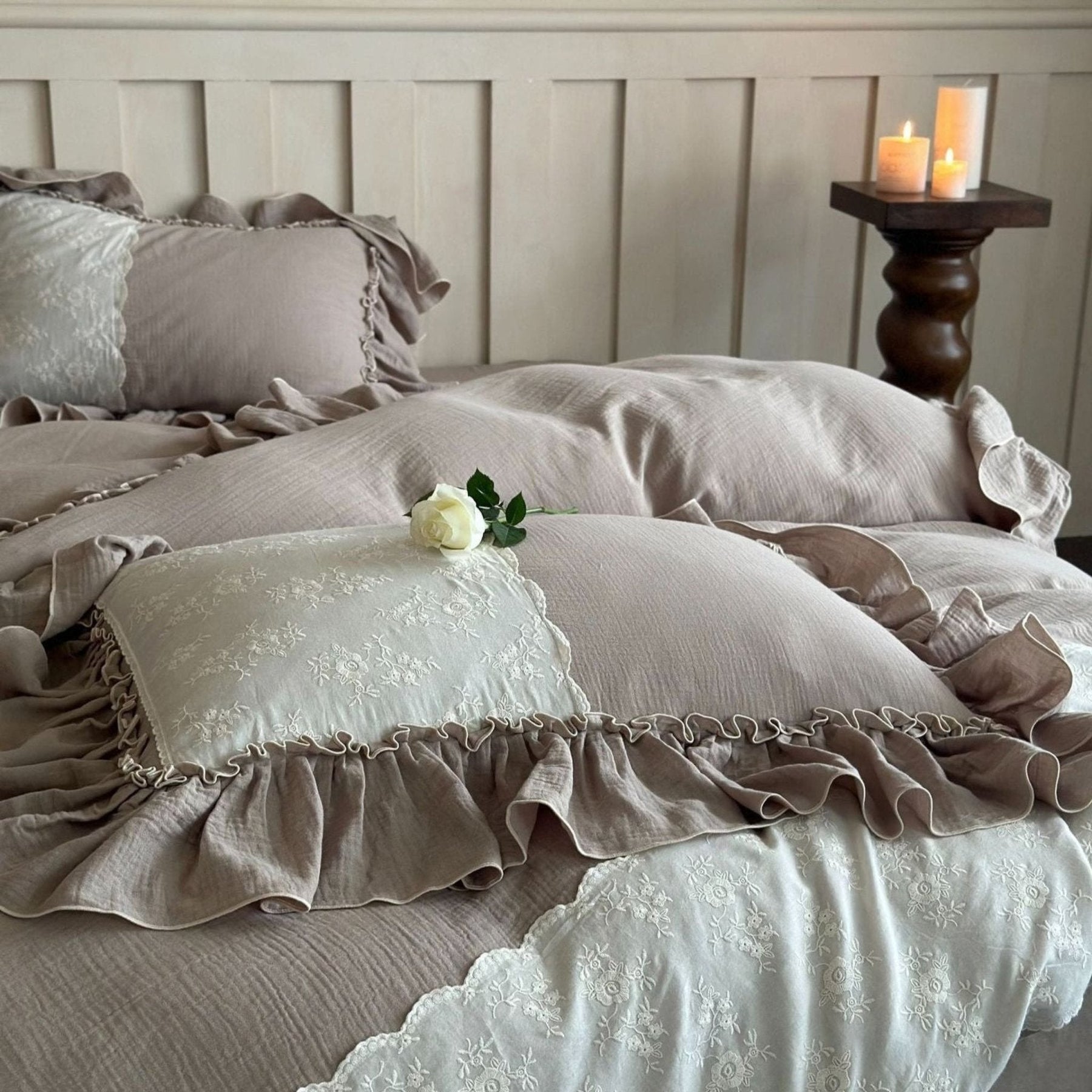 Wisteria Ruffled Double Gauze Bedding Set - Mocha Taupe