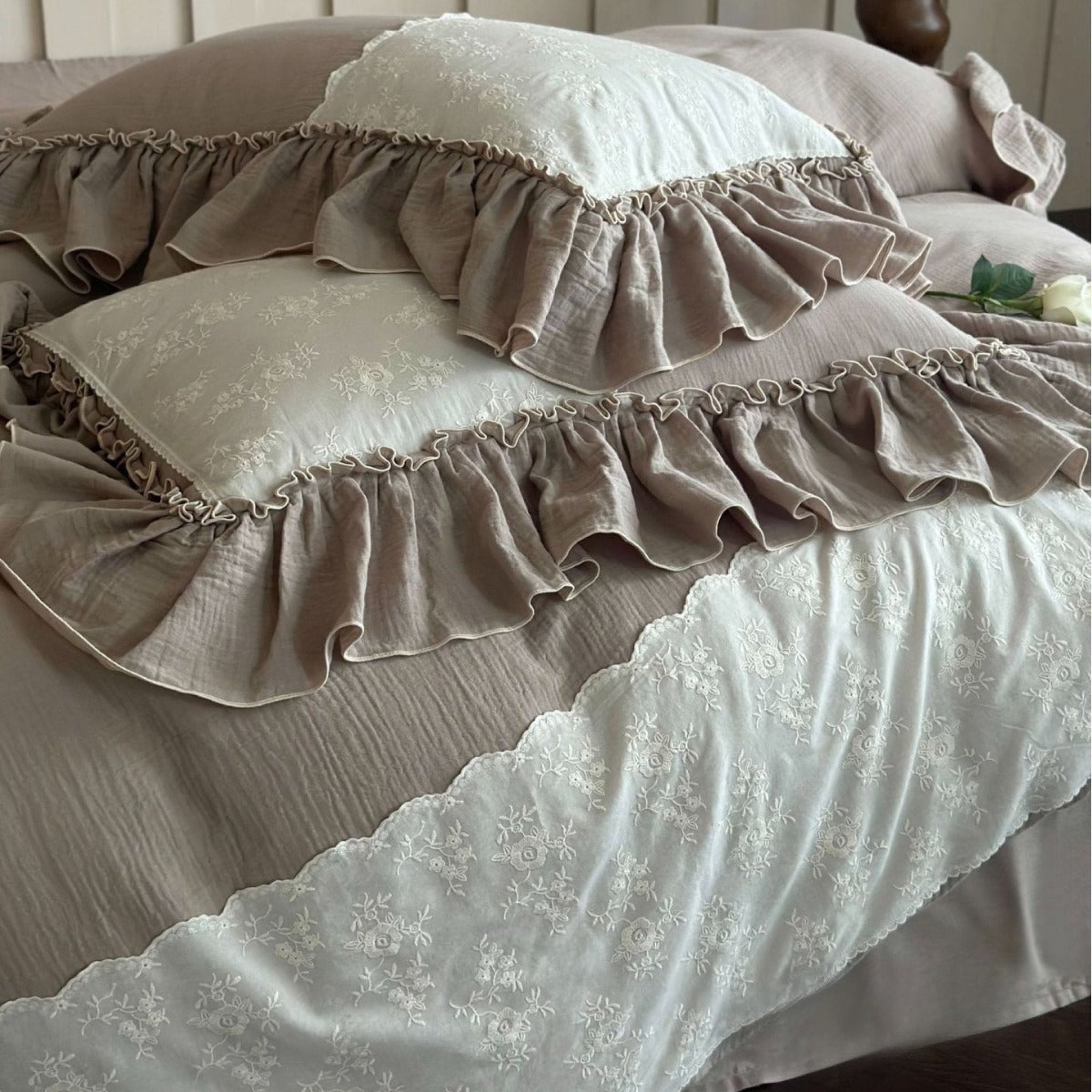 Wisteria Ruffled Double Gauze Bedding Set - Mocha Taupe