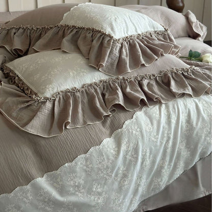 Wisteria Ruffled Double Gauze Bedding Set - Mocha Taupe