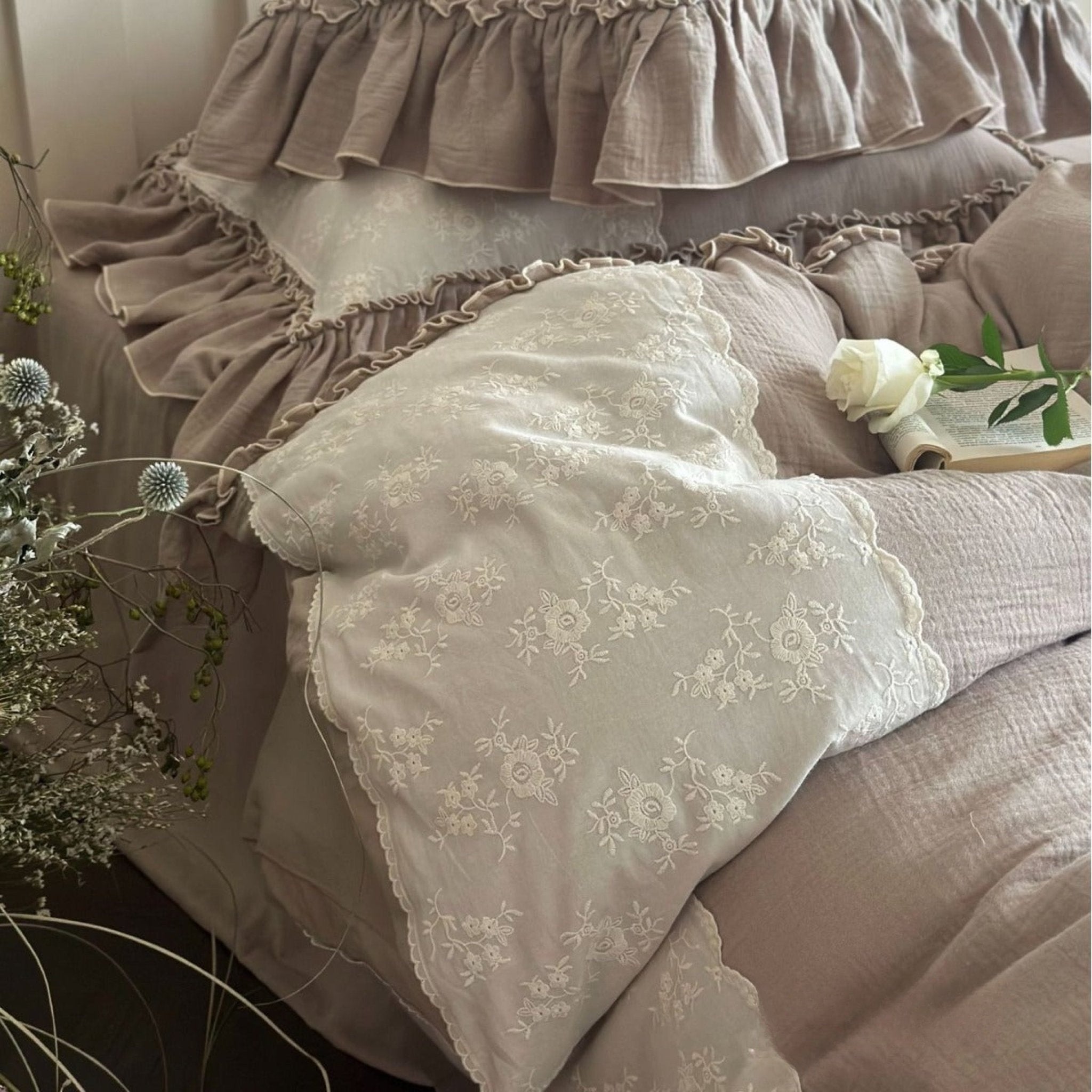 Wisteria Ruffled Double Gauze Bedding Set - Mocha Taupe
