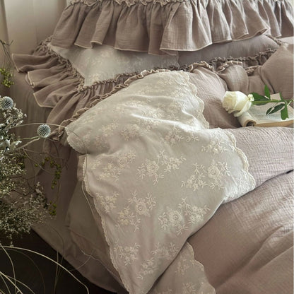 Wisteria Ruffled Double Gauze Bedding Set - Mocha Taupe