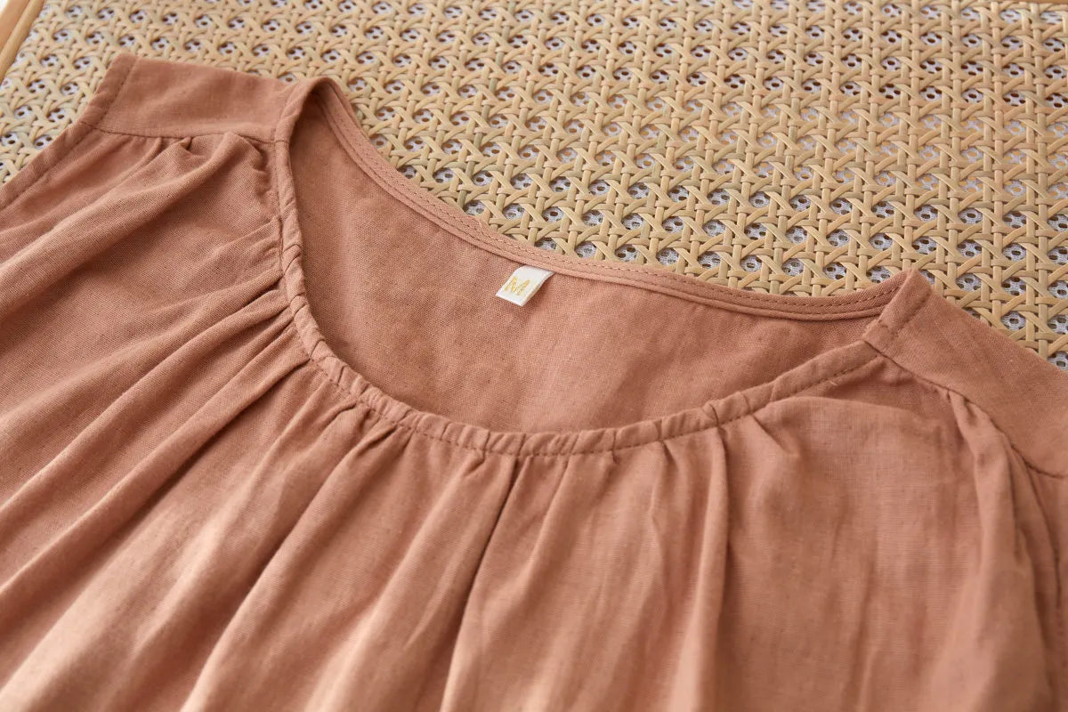 Sleeveless double gauze cotton pajama set with soft botanical details - RoomDen