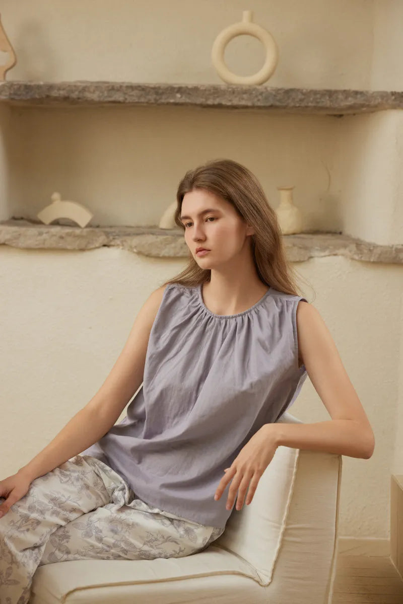 Sleeveless double gauze cotton pajama set with soft botanical details - RoomDen