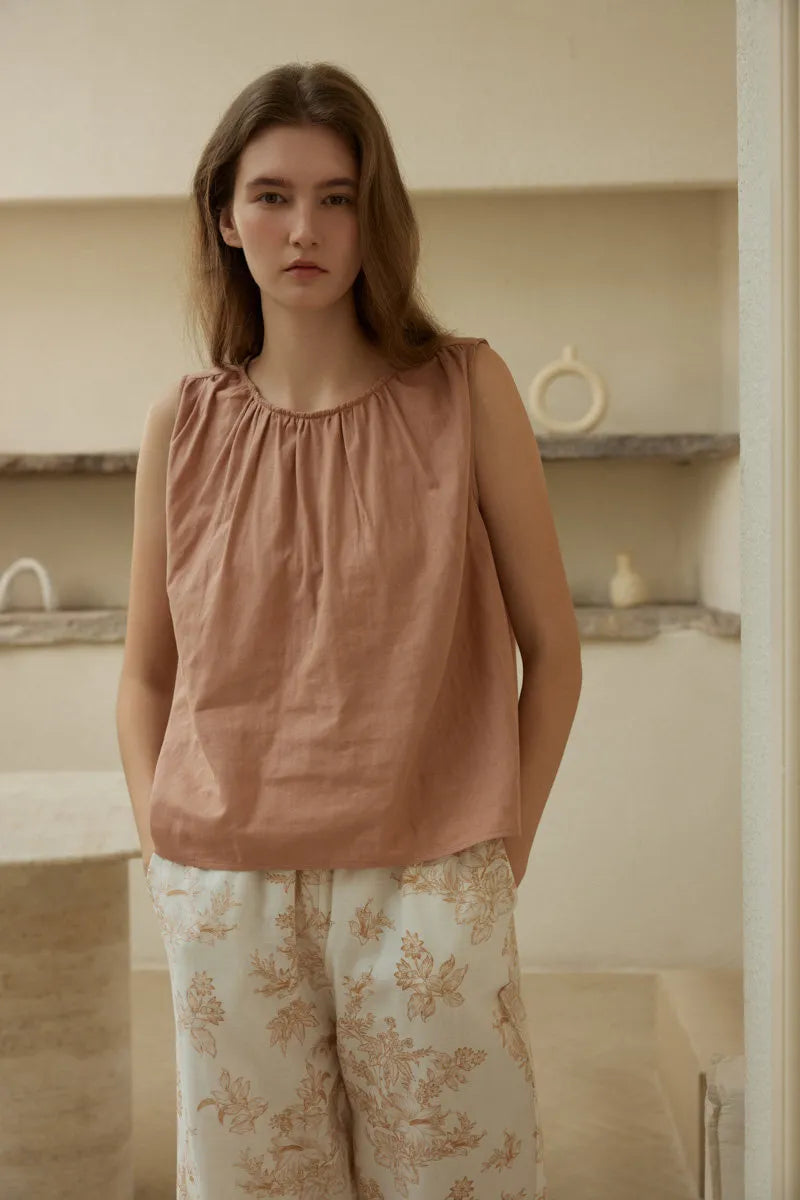 Sleeveless double gauze cotton pajama set with soft botanical details - RoomDen