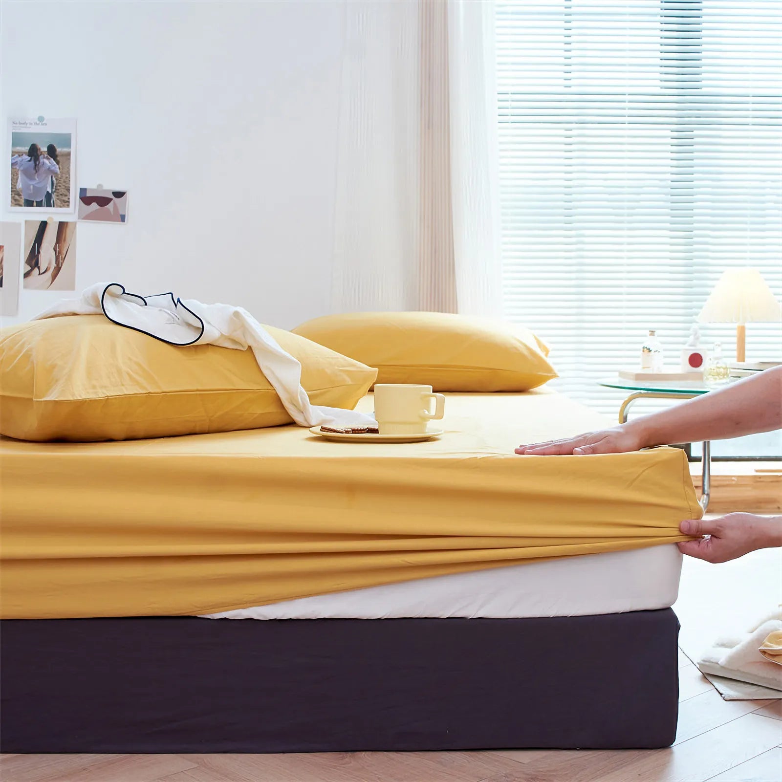 Solid washed cotton fitted sheet set in a minimalist bedroom – RoomDen