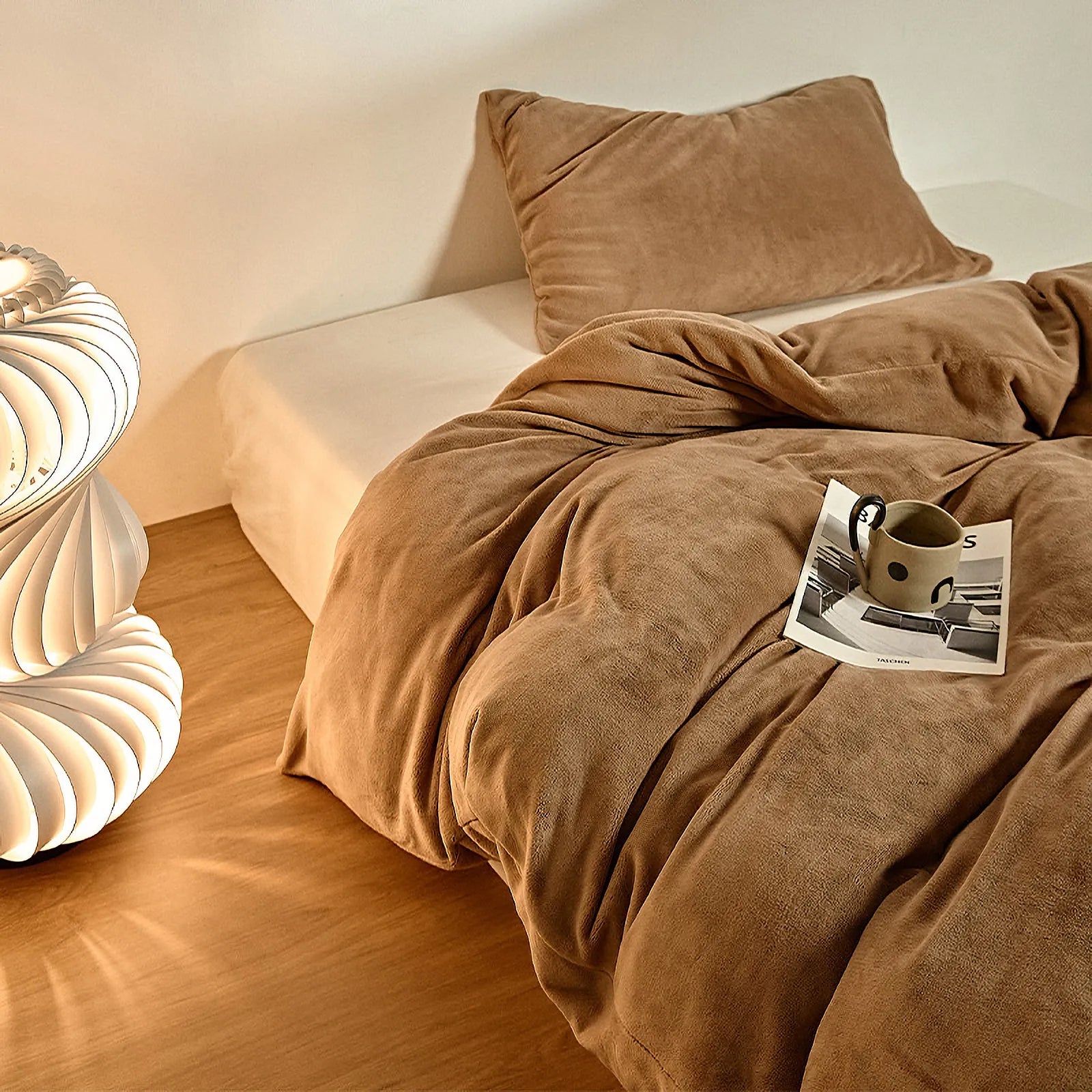 Solid camel-brown fleece duvet cover styled in cozy lighting – RoomDen