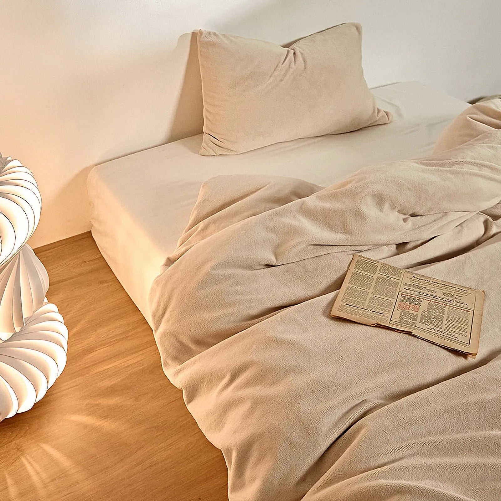 Solid cream-beige fleece duvet cover in warm minimalist room – RoomDen