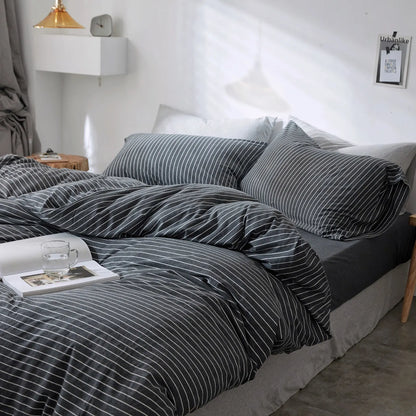 Striped washed cotton duvet cover set folded view – RoomDen