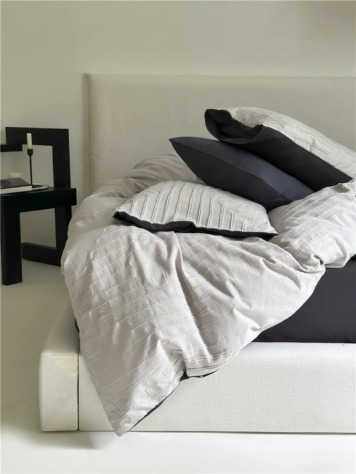 Minimalist textured stripe cotton duvet cover set with soft neutral tones and a relaxed, cozy aesthetic – RoomDen