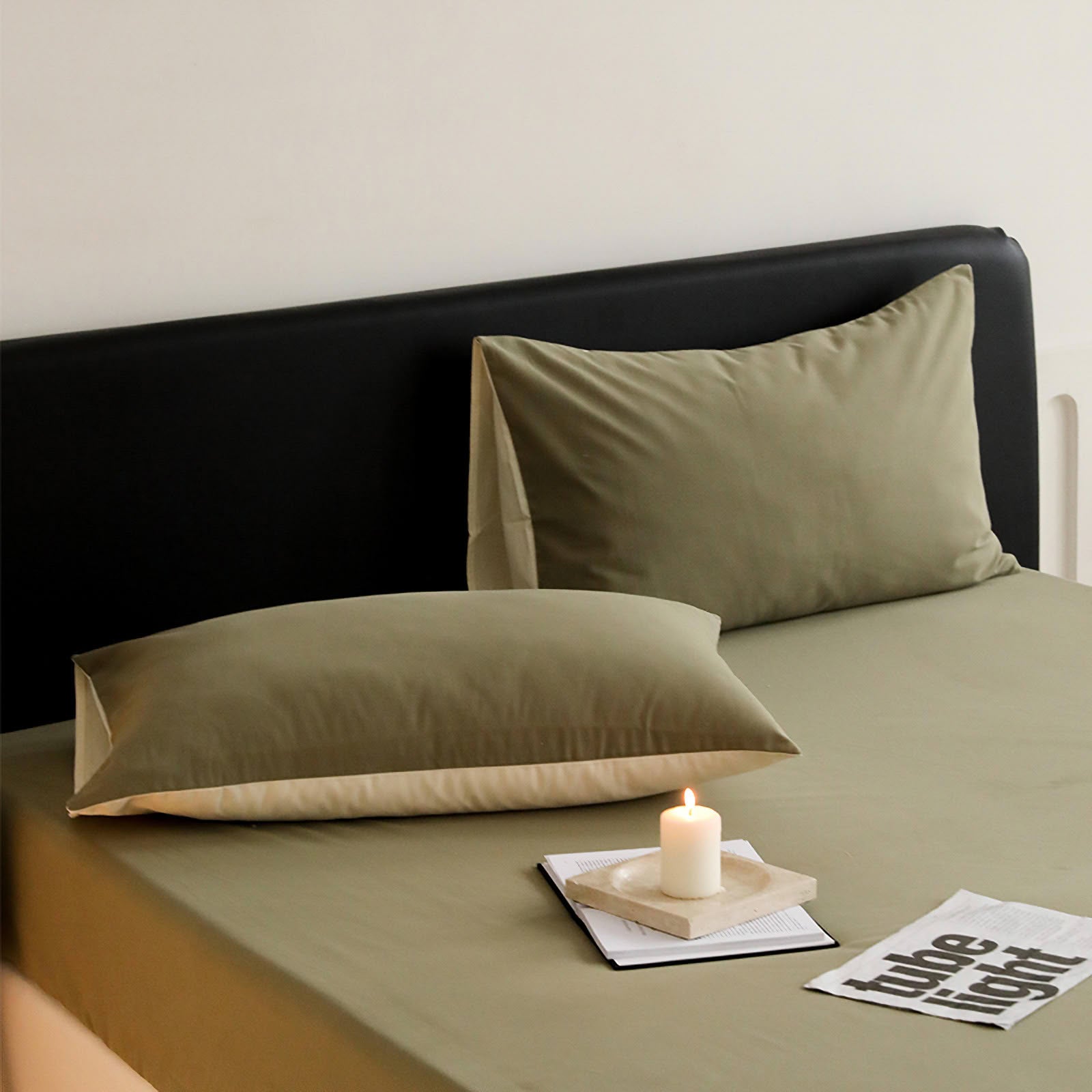 Minimalist two-tone washed cotton pillowcase in soft solid colors – RoomDen