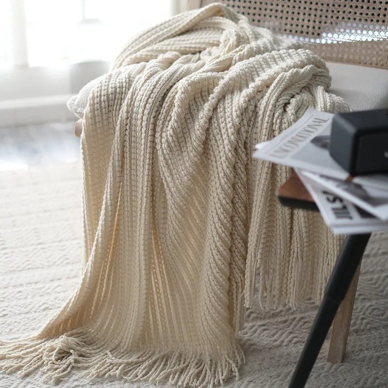 Cozy Ribbed Knit Tassel Flannel Fleece Throw Blanket