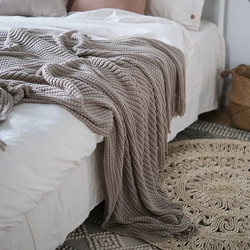 Cozy Ribbed Knit Tassel Flannel Fleece Throw Blanket