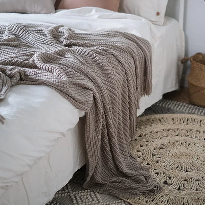 Cozy Ribbed Knit Tassel Flannel Fleece Throw Blanket