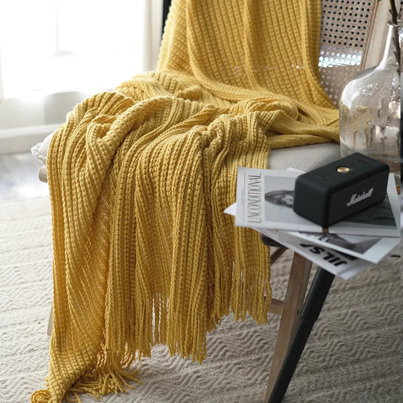 Cozy Ribbed Knit Tassel Flannel Fleece Throw Blanket