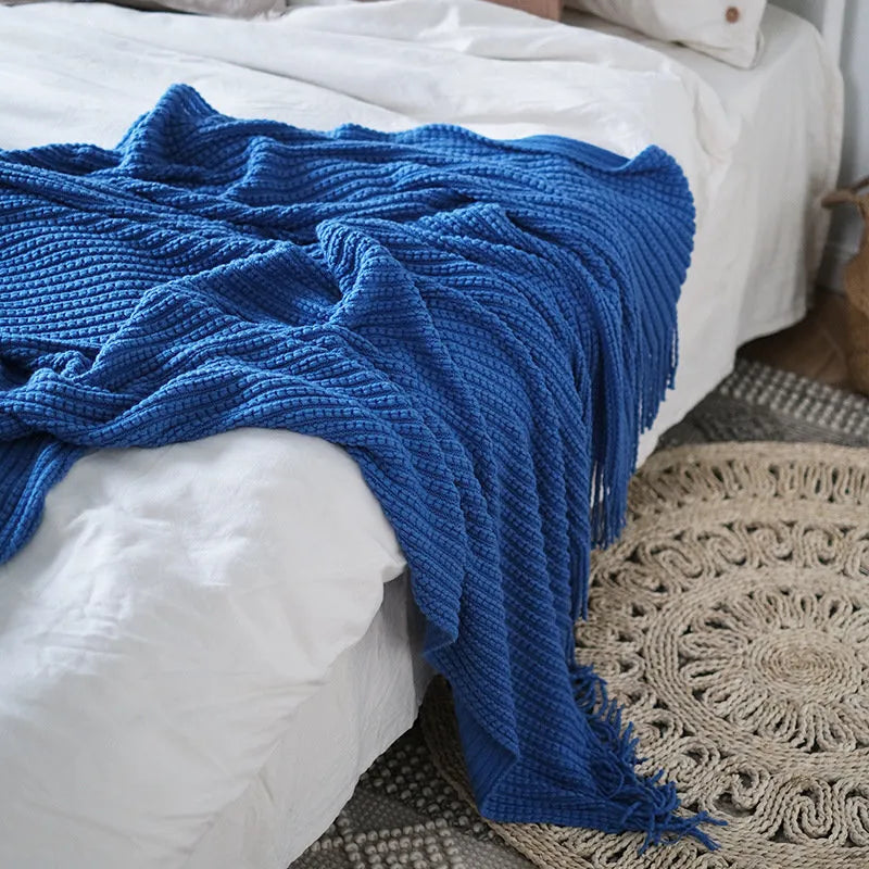 Cozy Ribbed Knit Tassel Flannel Fleece Throw Blanket