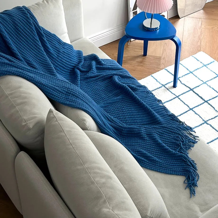 Cozy Ribbed Knit Tassel Flannel Fleece Throw Blanket