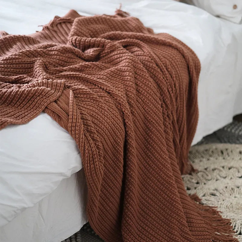 Cozy Ribbed Knit Tassel Flannel Fleece Throw Blanket
