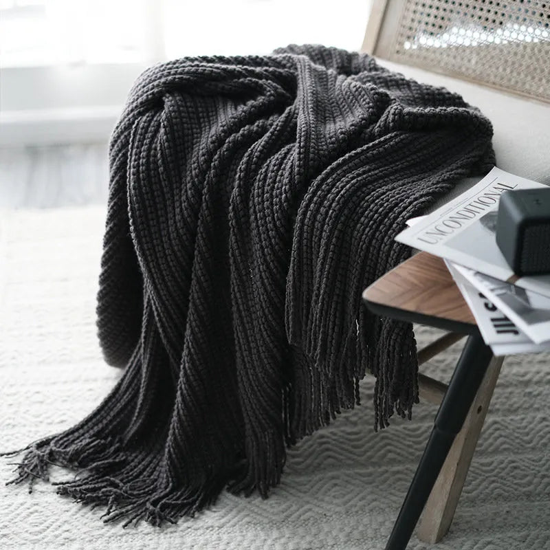 Cozy Ribbed Knit Tassel Flannel Fleece Throw Blanket