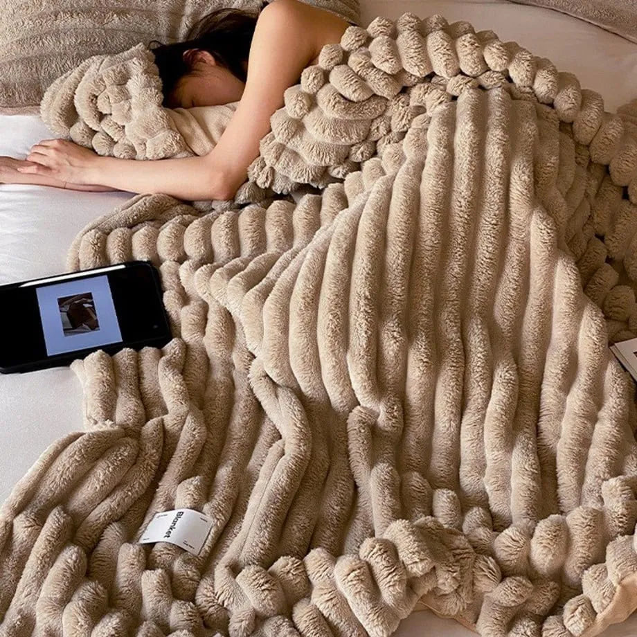 Ripple textured plush faux fur throw blanket in a cozy bedroom setting – RoomDen