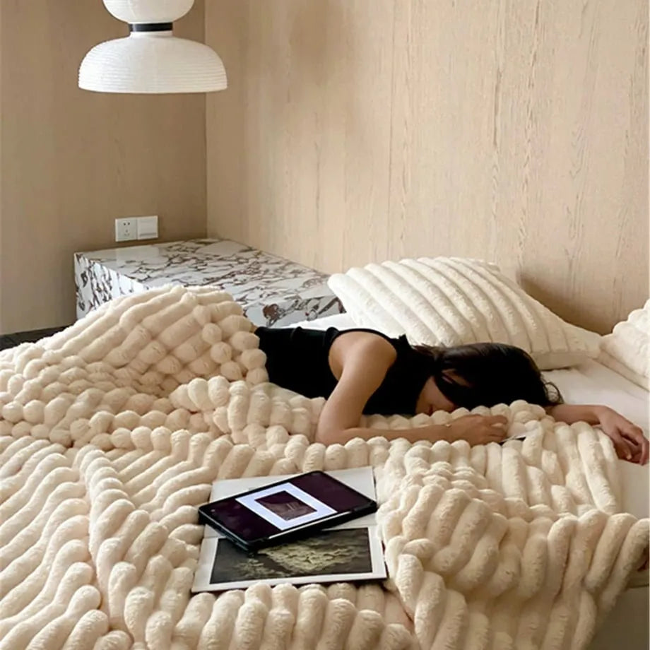 Ripple textured plush faux fur throw blanket in a cozy bedroom setting – RoomDen