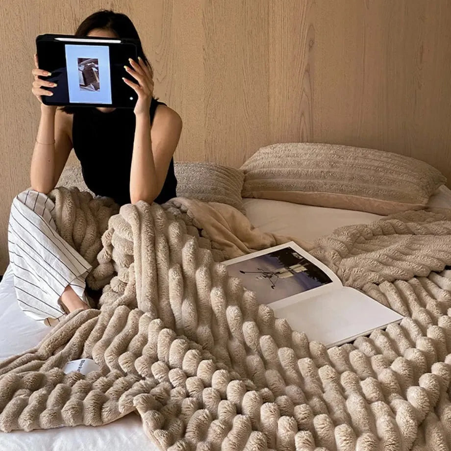 Ripple textured plush faux fur throw blanket in a cozy bedroom setting – RoomDen