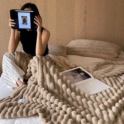 Ripple textured plush faux fur throw blanket in a cozy bedroom setting – RoomDen