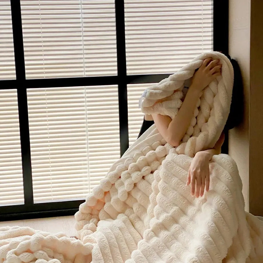 Ripple textured plush faux fur throw blanket in a cozy bedroom setting – RoomDen