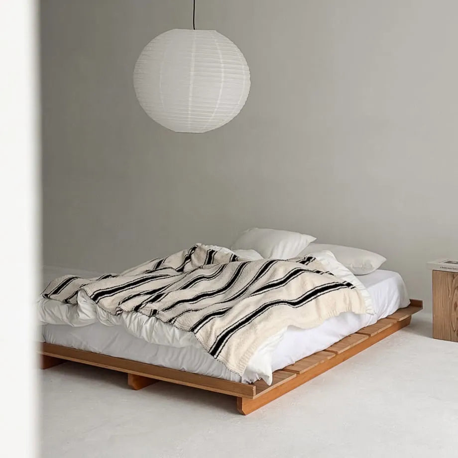 Beige striped flannel fleece blanket with soft cozy texture – RoomDen