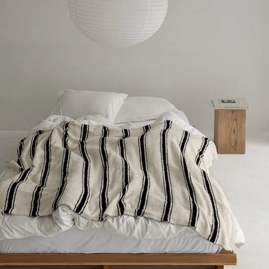 Beige striped flannel fleece blanket with soft cozy texture – RoomDen