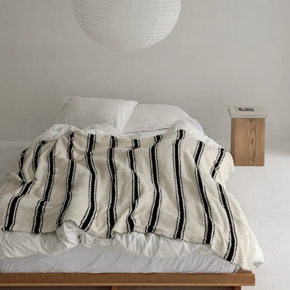 Beige striped flannel fleece blanket with soft cozy texture – RoomDen