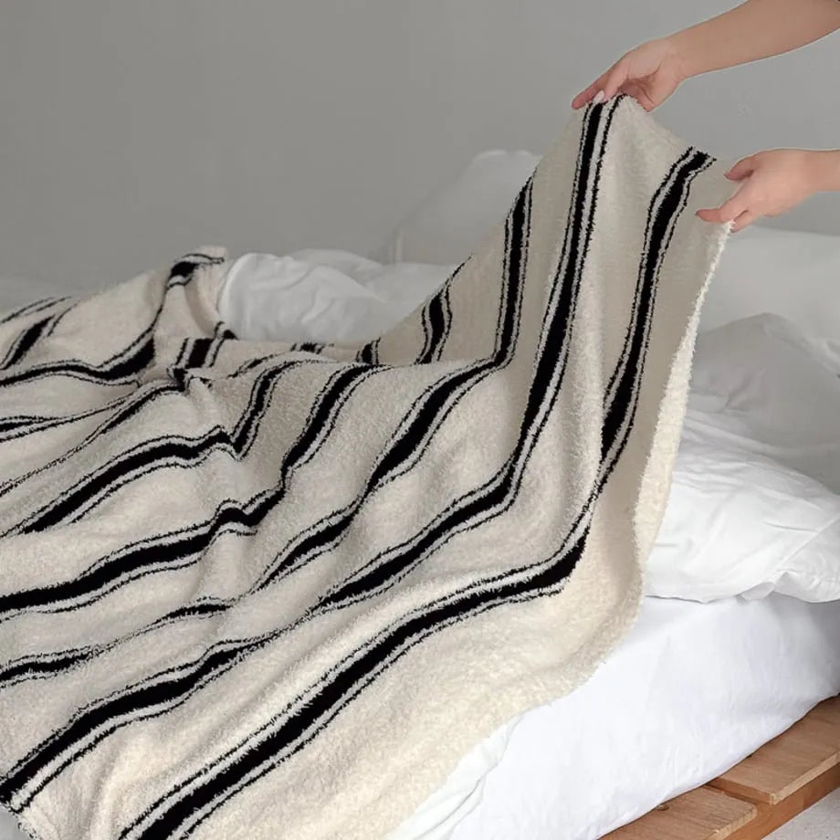 Beige striped flannel fleece blanket with soft cozy texture – RoomDen