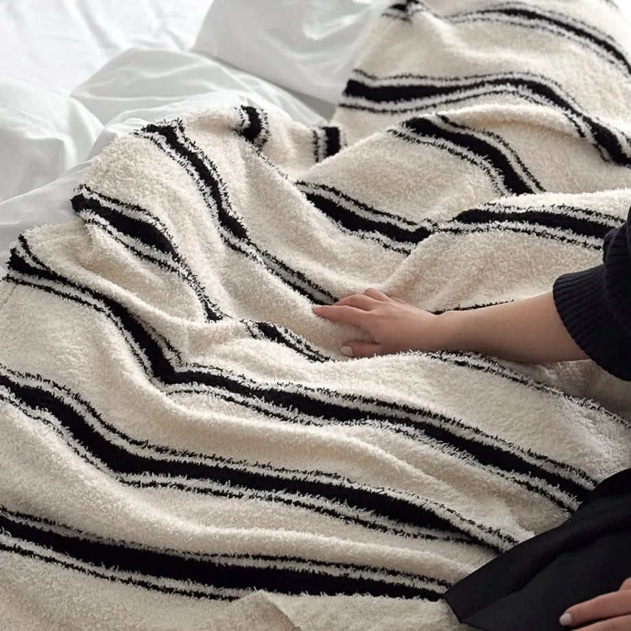 Beige striped flannel fleece blanket with soft cozy texture – RoomDen