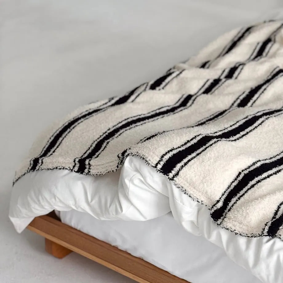 Beige striped flannel fleece blanket with soft cozy texture – RoomDen