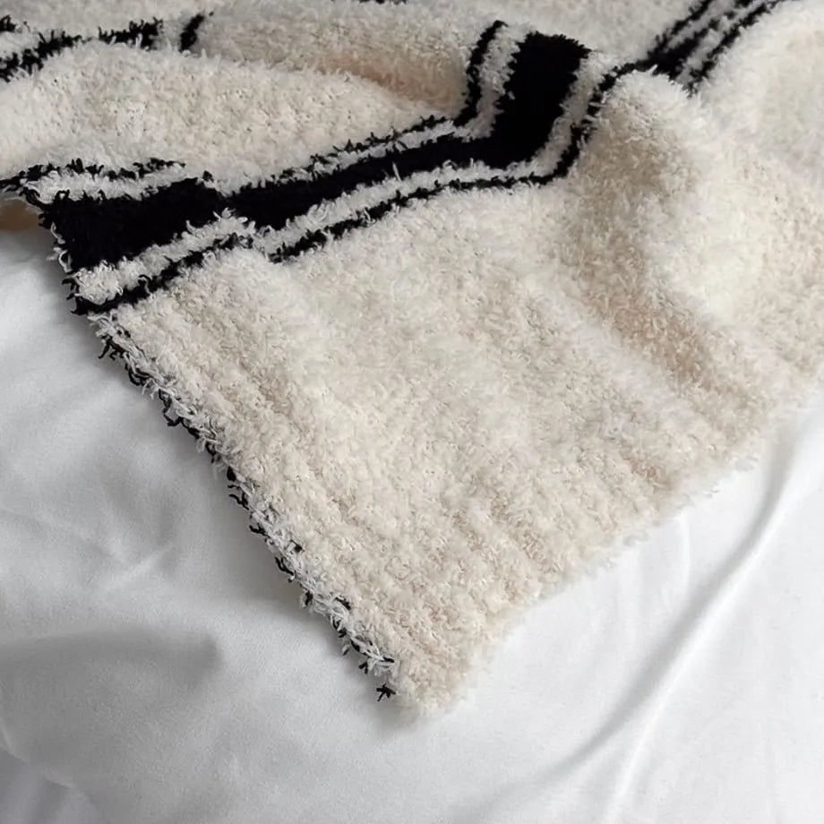 Beige striped flannel fleece blanket with soft cozy texture – RoomDen