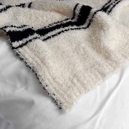 Beige striped flannel fleece blanket with soft cozy texture – RoomDen