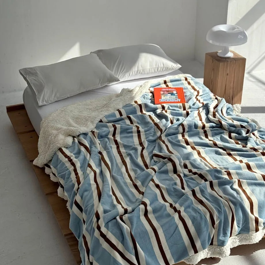 Striped flannel fleece sherpa blanket with soft cozy texture – RoomDen
