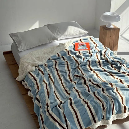 Striped flannel fleece sherpa blanket with soft cozy texture – RoomDen